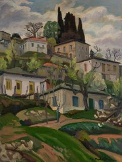Zagora, View Toward Cypresses — Oil painting, Canvas, 50.00×65.00cm — Theodoros Markellos